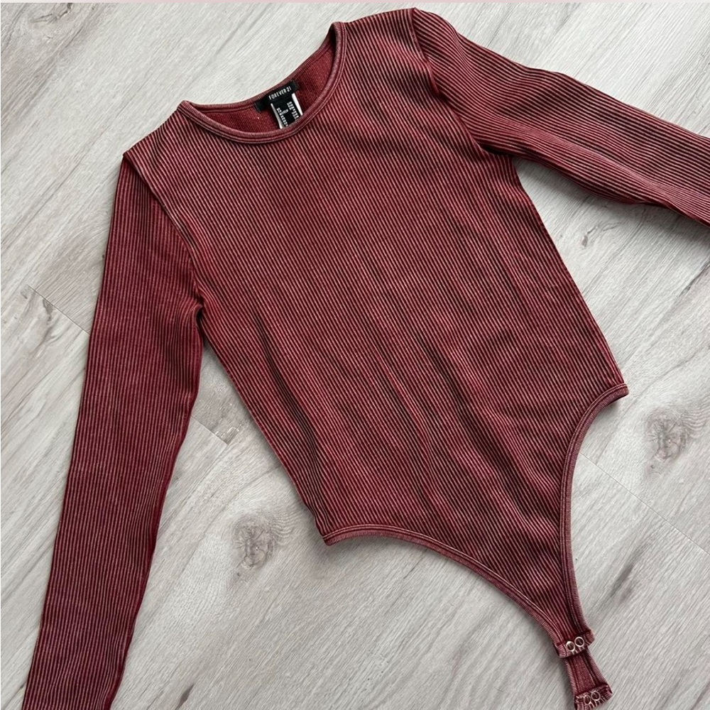 Ribbed Long Sleeve Bodysuit - Burgundy